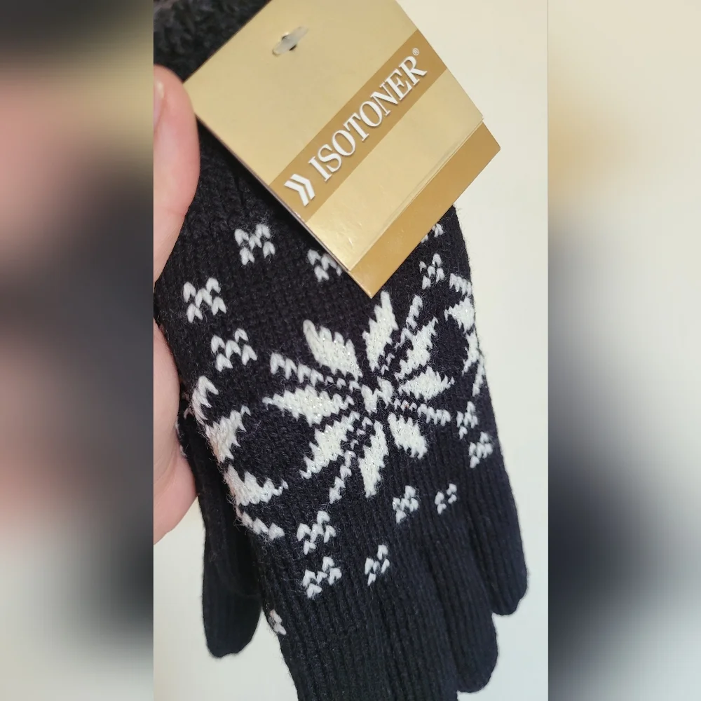 Nordic Snowflake Isotoner Microluxe Gloves, One Size. Classic Black & White.